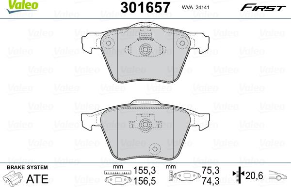 Valeo 301657 - Гальмівні колодки, дискові гальма autozip.com.ua