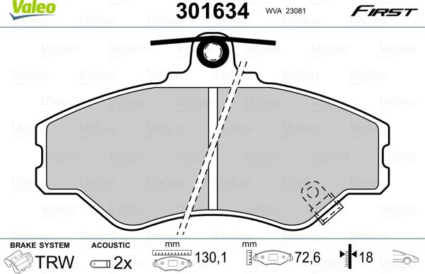 Valeo 301634 - Гальмівні колодки, дискові гальма autozip.com.ua