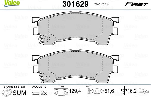 VALEO 301629 - Гальмівні колодки, дискові гальма autozip.com.ua
