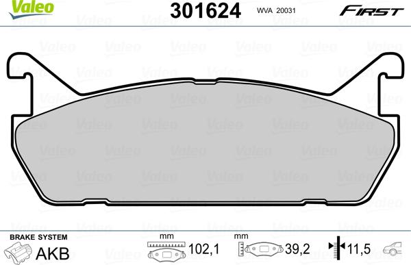 Valeo 301624 - Гальмівні колодки, дискові гальма autozip.com.ua