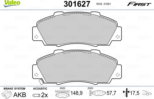 VALEO 301627 - Гальмівні колодки, дискові гальма autozip.com.ua