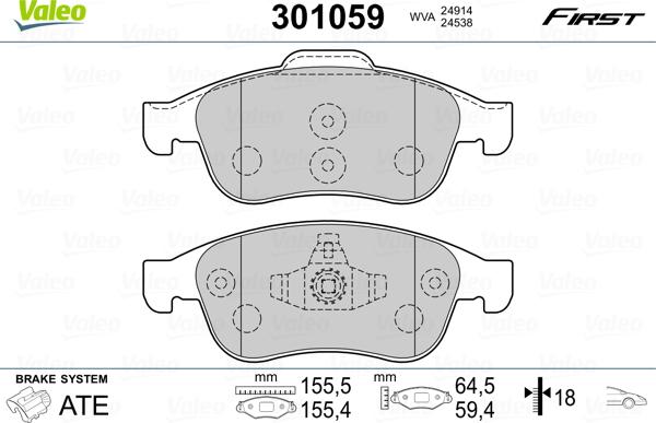 VALEO 301059 - Гальмівні колодки, дискові гальма autozip.com.ua