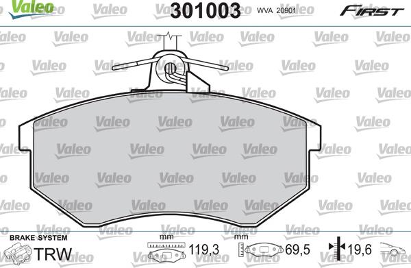 VALEO 301003 - Гальмівні колодки, дискові гальма autozip.com.ua