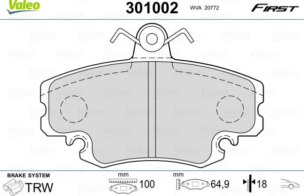 VALEO 301002 - Гальмівні колодки, дискові гальма autozip.com.ua
