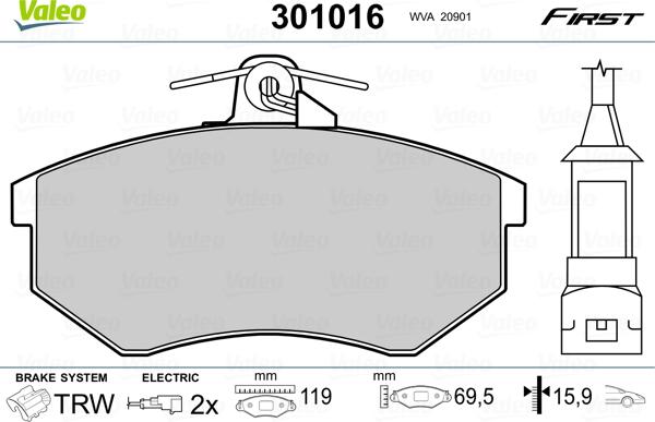 Valeo 301016 - Гальмівні колодки, дискові гальма autozip.com.ua