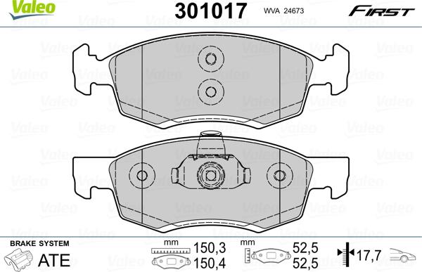 VALEO 301017 - Гальмівні колодки, дискові гальма autozip.com.ua