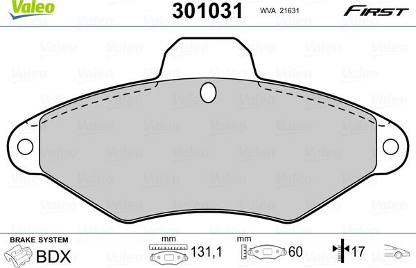 Valeo 301031 - Гальмівні колодки, дискові гальма autozip.com.ua