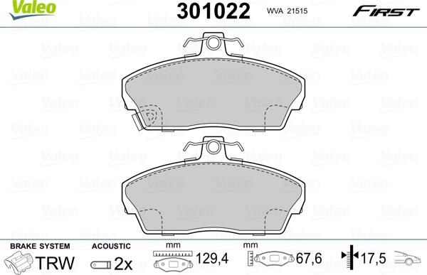 VALEO 301022 - Гальмівні колодки, дискові гальма autozip.com.ua