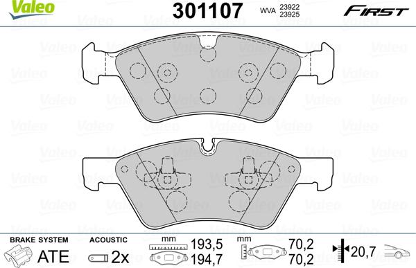 VALEO 301107 - Гальмівні колодки, дискові гальма autozip.com.ua