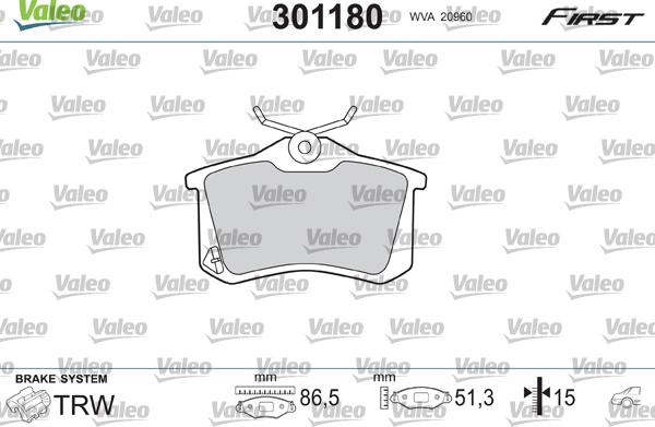 Valeo 301180 - Гальмівні колодки, дискові гальма autozip.com.ua