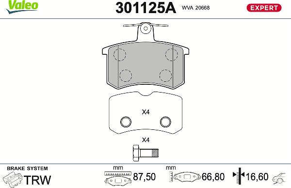 VALEO 301125A - Гальмівні колодки, дискові гальма autozip.com.ua