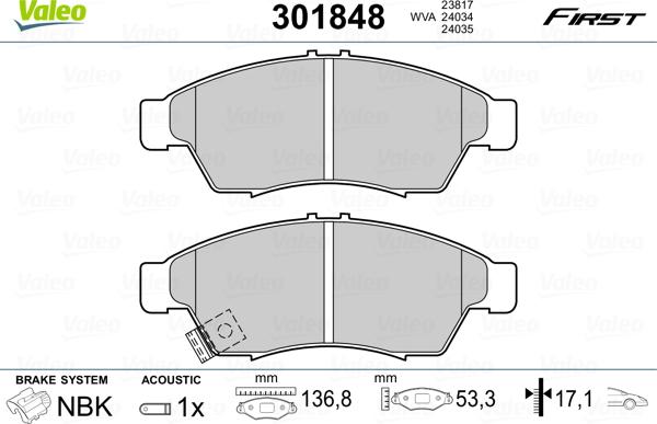 Valeo 301848 - Гальмівні колодки, дискові гальма autozip.com.ua