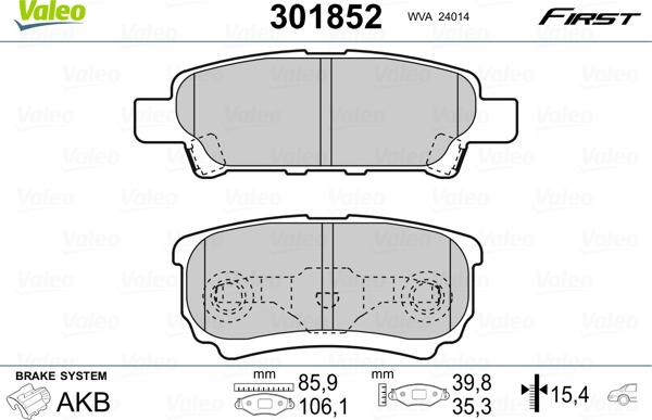 VALEO 301852 - Гальмівні колодки, дискові гальма autozip.com.ua