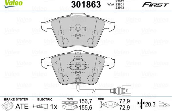VALEO 301863 - Гальмівні колодки, дискові гальма autozip.com.ua