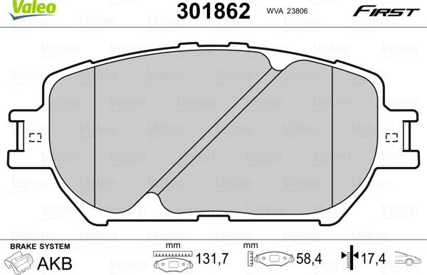 VALEO 301862 - Гальмівні колодки, дискові гальма autozip.com.ua