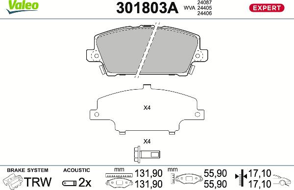 VALEO 301803A - Гальмівні колодки, дискові гальма autozip.com.ua