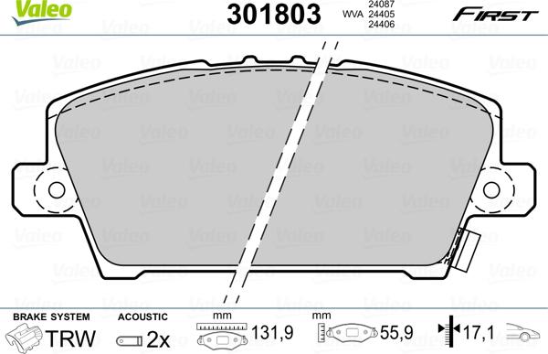 VALEO 301803 - Гальмівні колодки, дискові гальма autozip.com.ua