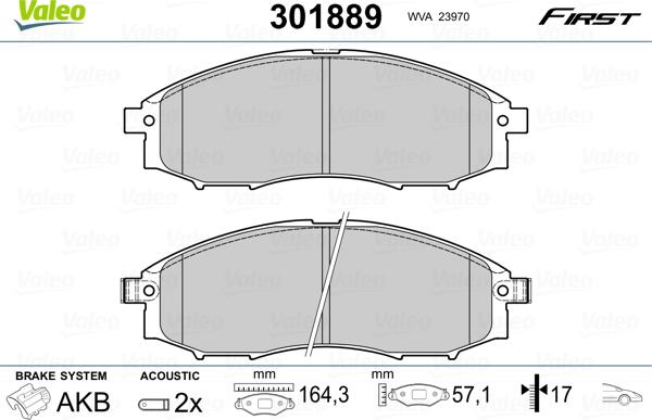 VALEO 301889 - Гальмівні колодки, дискові гальма autozip.com.ua