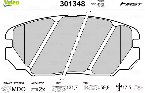 Valeo 301348 - Гальмівні колодки, дискові гальма autozip.com.ua