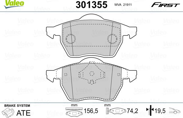 VALEO 301355 - Гальмівні колодки, дискові гальма autozip.com.ua