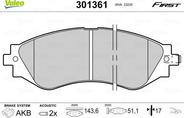 VALEO 301361 - Гальмівні колодки, дискові гальма autozip.com.ua