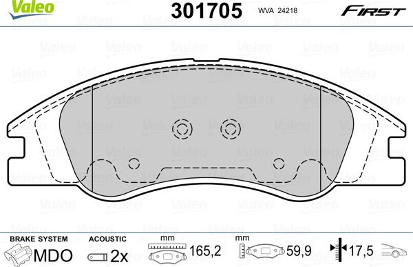 Valeo 301705 - Гальмівні колодки, дискові гальма autozip.com.ua