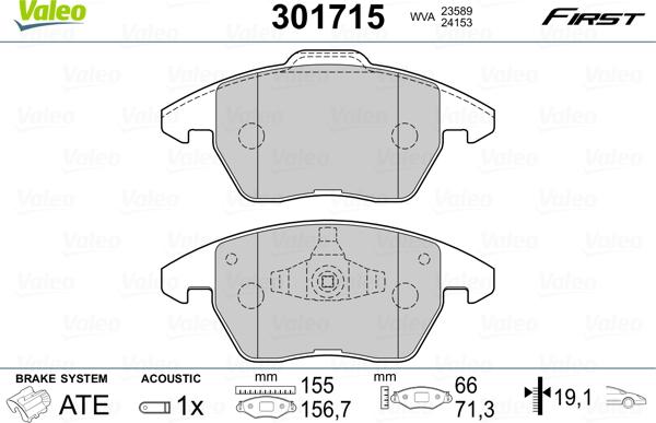 VALEO 301715 - Гальмівні колодки, дискові гальма autozip.com.ua