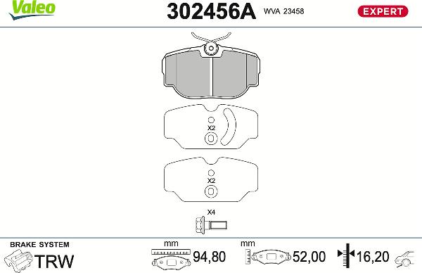 VALEO 302456A - Гальмівні колодки, дискові гальма autozip.com.ua