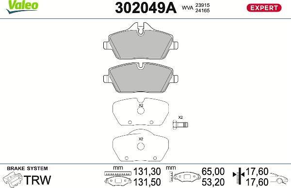 VALEO 302049A - Гальмівні колодки, дискові гальма autozip.com.ua