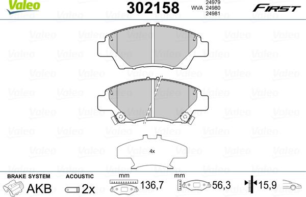 VALEO 302158 - Гальмівні колодки, дискові гальма autozip.com.ua