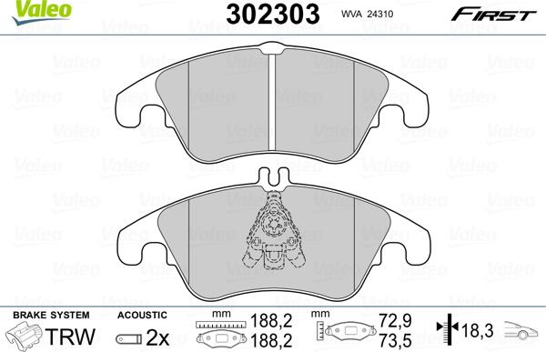 VALEO 302303 - Гальмівні колодки, дискові гальма autozip.com.ua
