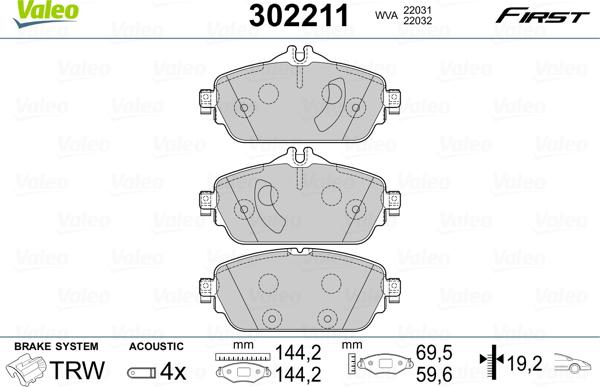 VALEO 302211 - Гальмівні колодки, дискові гальма autozip.com.ua