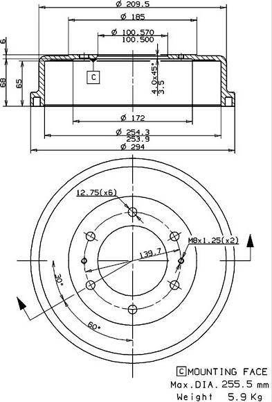 Villar 627.0255 - Гальмівний барабан autozip.com.ua