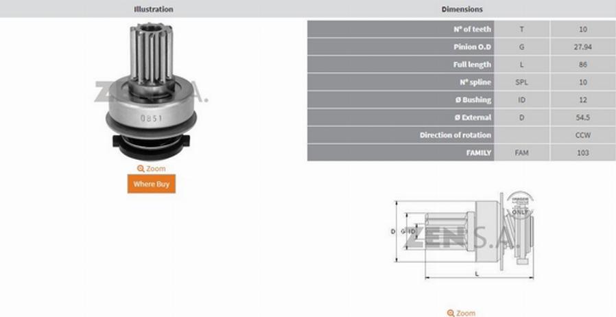 ZEN 0851 - Провідна шестерня, стартер autozip.com.ua