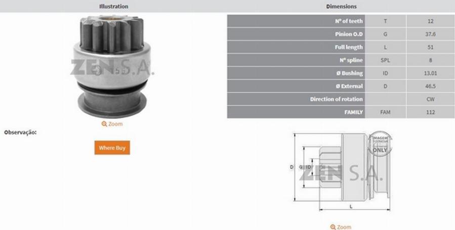ZEN 1567 - Провідна шестерня, стартер autozip.com.ua