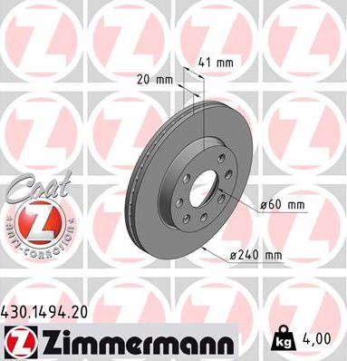 Zimmermann 430.1494.20 - Гальмівний диск autozip.com.ua