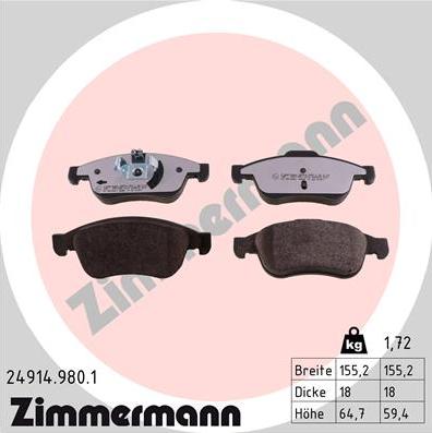 Zimmermann 24914.980.1 - Гальмівні колодки, дискові гальма autozip.com.ua
