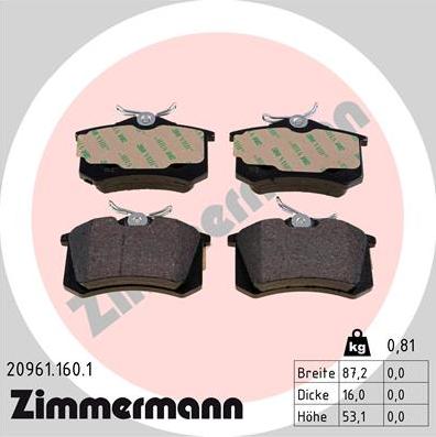 Zimmermann 20961.160.1 - Гальмівні колодки, дискові гальма autozip.com.ua