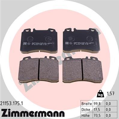 Zimmermann 21153.175.1 - Гальмівні колодки, дискові гальма autozip.com.ua