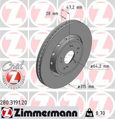 Zimmermann 280.3191.20 - Гальмівний диск autozip.com.ua
