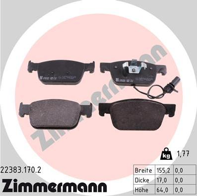 Zimmermann 22383.170.2 - Гальмівні колодки, дискові гальма autozip.com.ua